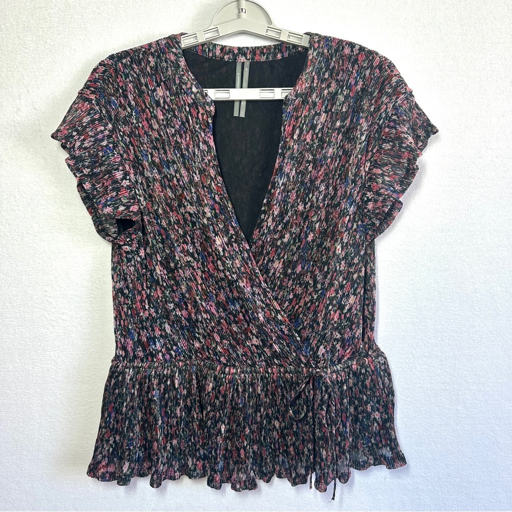 Anthropologie Dionne Top M Floral Stretchy Metallic Sparkle Faux Wrap Ruffles